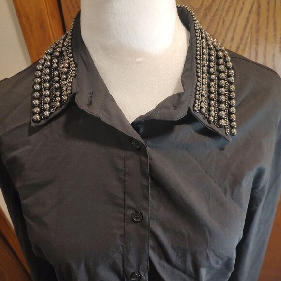 NWT Boston Proper Black Poplin Blouse Women's Sz 10 Silver Studded Collar Career - Picture 2 of 11